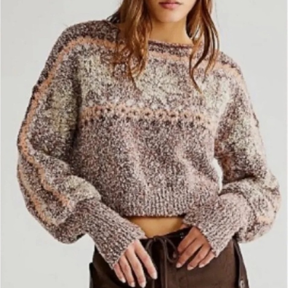 Free people brown snowflake sweater size smalll crop soft EUC - Picture 1 of 11
